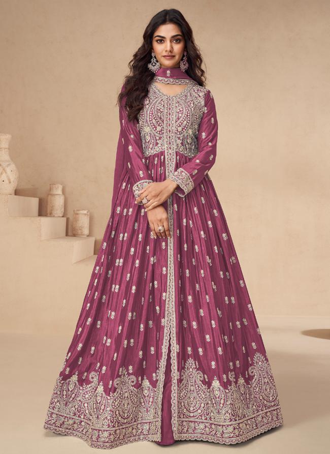 Chinnon Silk Pink Wedding Wear Embroidery Work Readymade Indo Western